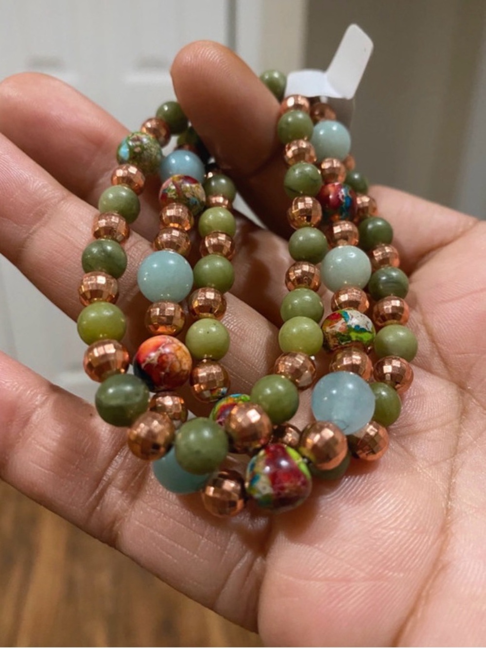 Colorful Sea Sediment Jasper, Amazonite & China Jade Healing Stacked Bracelets - Picture 3 of 6